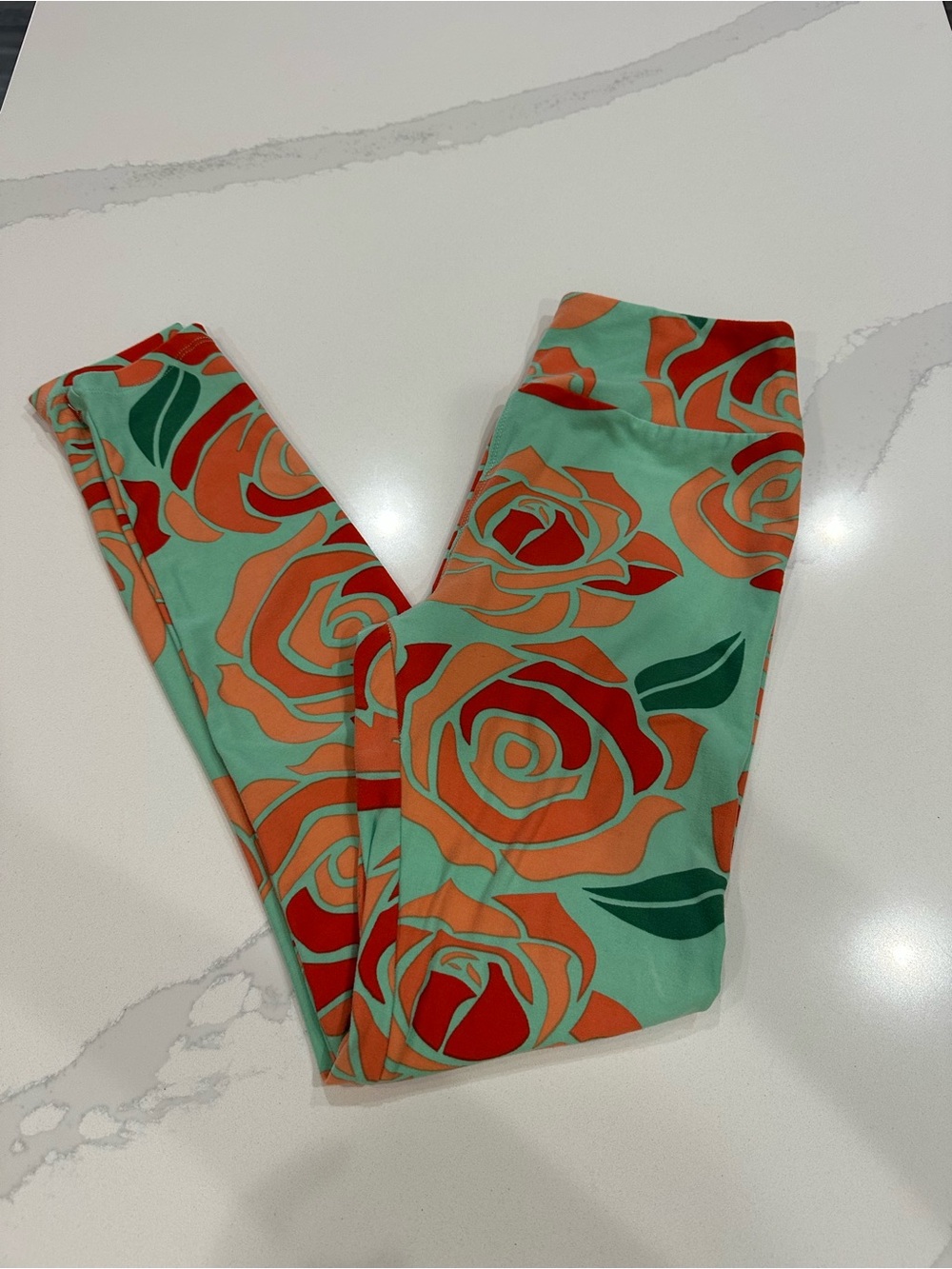 LuLaRoe Kids Mint Leggings with Orange and Red Rose Print